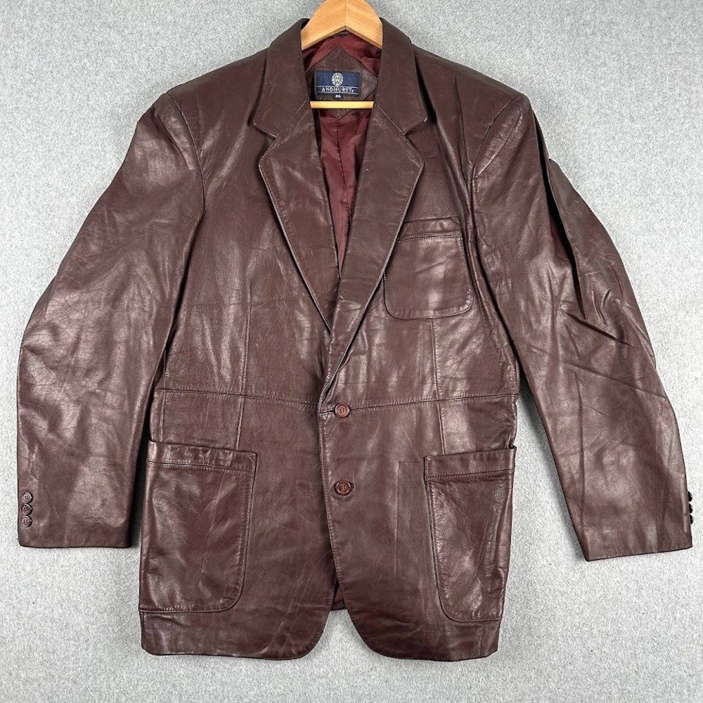 AND-HURST Burgundy Leather Blazer Jacket 44 (L?) Classic Men's Notched Lapel